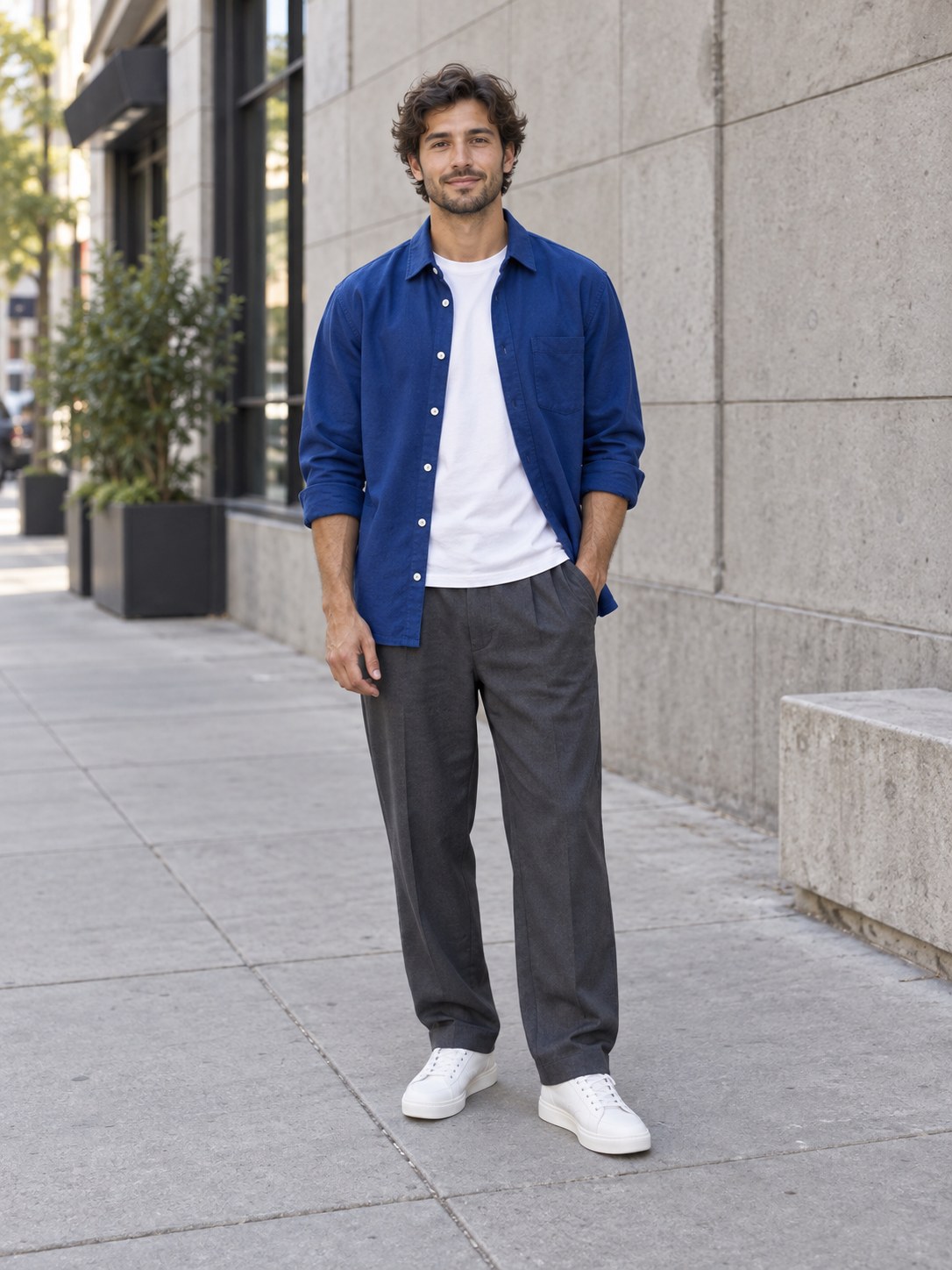 Full-length casual outfit with a blue overshirt