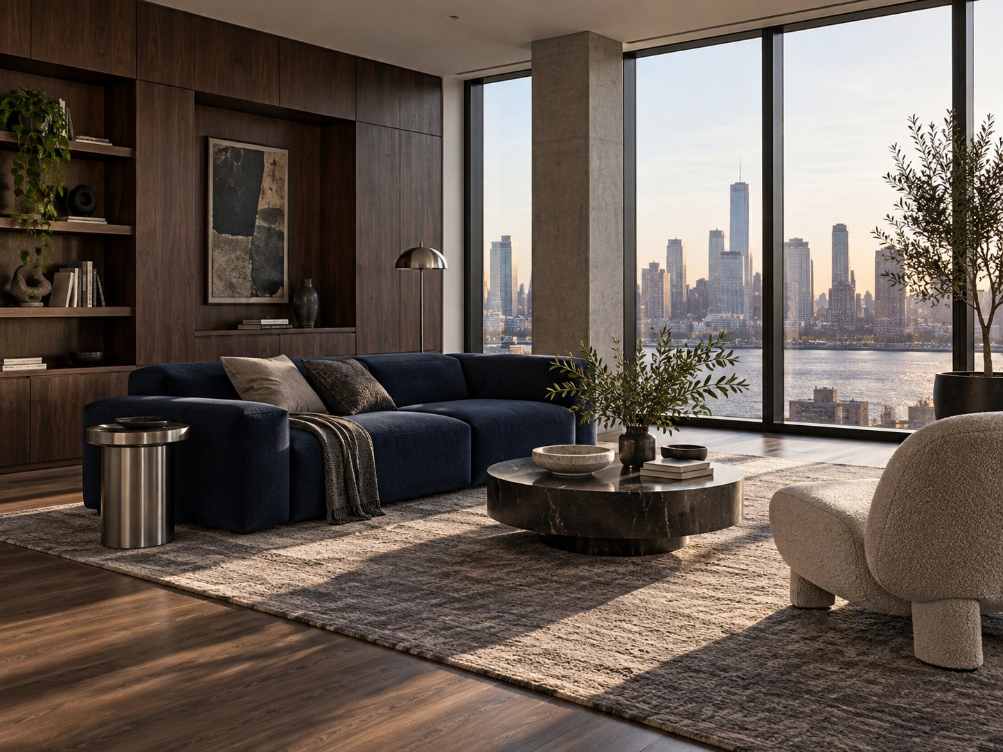 Modern living room with a navy sofa and walnut shelving